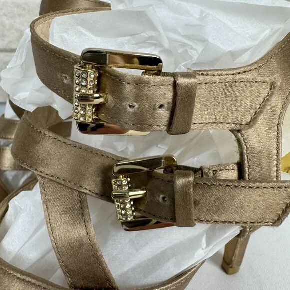 Michael Kors Shimmer Satin Gold Stellato Strap Heel Sandals Rhinestone Buckles 7