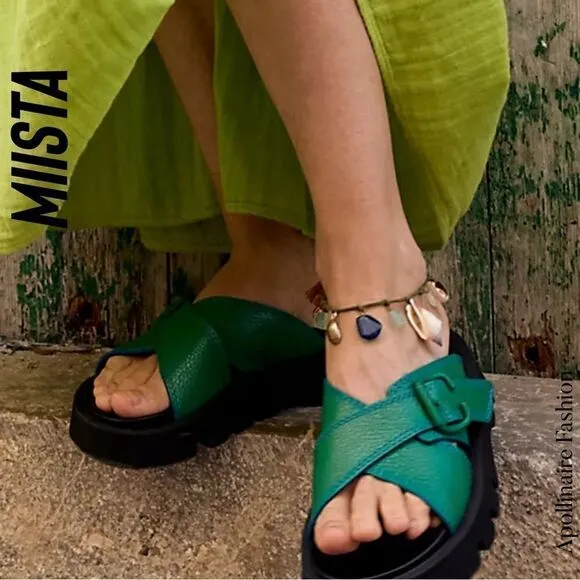 MIISTA LACEY LUG SLIP ON SANDALS IN FIERCE GREEN SIZE 39 NWT
