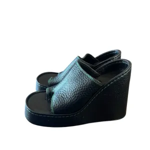 Miista Thais Leather Slip-On Platform Wedge Slide Sandal Toe Loop NEW EU 37 US 7