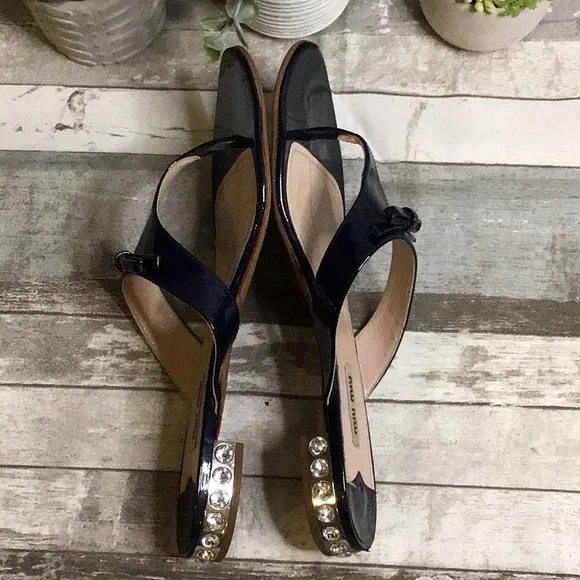 Miu Miu Black Patent Sandals Sz 39 1/2