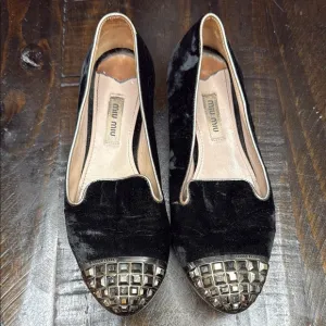 Miu Miu Black Velvet Flats with Studded Toe