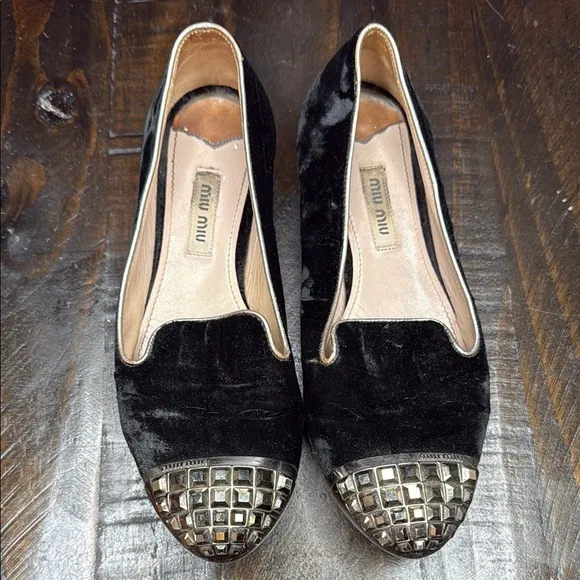 Miu Miu Black Velvet Flats with Studded Toe
