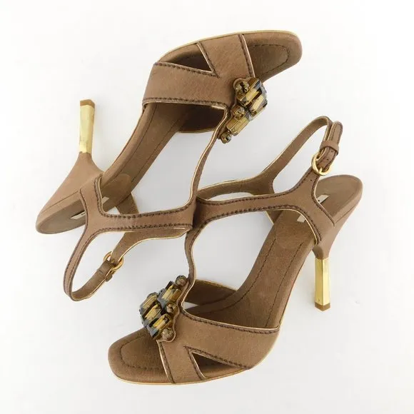 MIU MIU Brown Sugar Gemstone T-strap Heel Pump 38.5