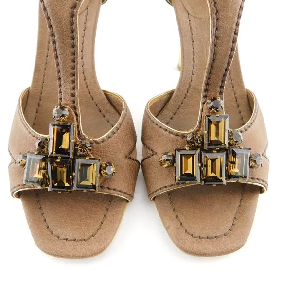 MIU MIU Brown Sugar Gemstone T-strap Heel Pump 38.5