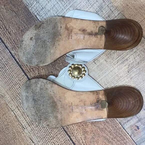 Miu Miu cream Kitten Heel Gold Studded Slip On Sandals Sz 40