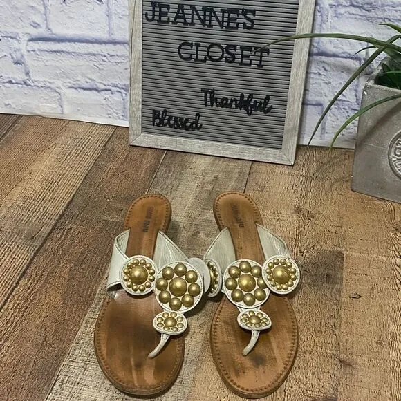 Miu Miu cream Kitten Heel Gold Studded Slip On Sandals Sz 40