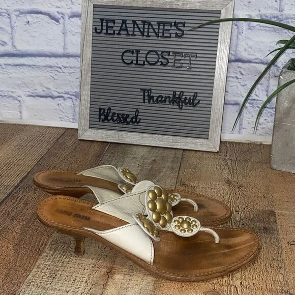Miu Miu cream Kitten Heel Gold Studded Slip On Sandals Sz 40