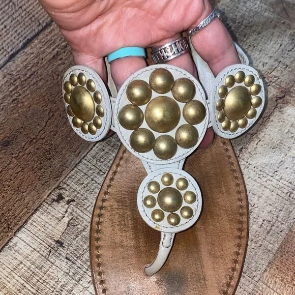 Miu Miu cream Kitten Heel Gold Studded Slip On Sandals Sz 40