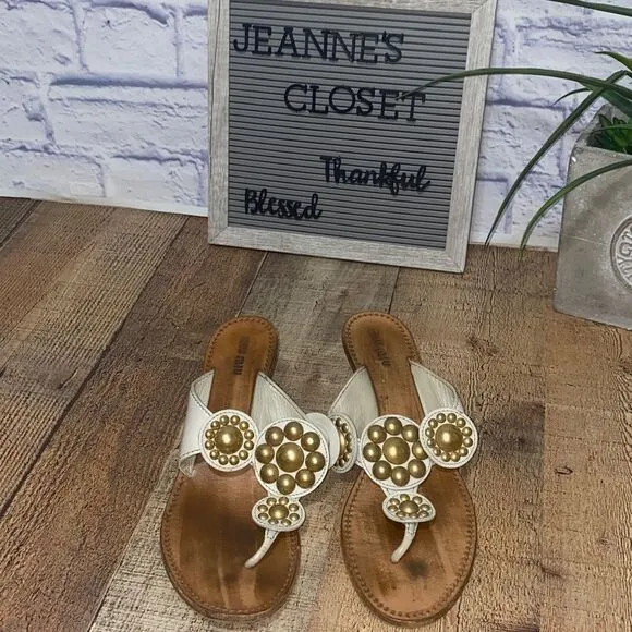 Miu Miu cream Kitten Heel Gold Studded Slip On Sandals Sz 40