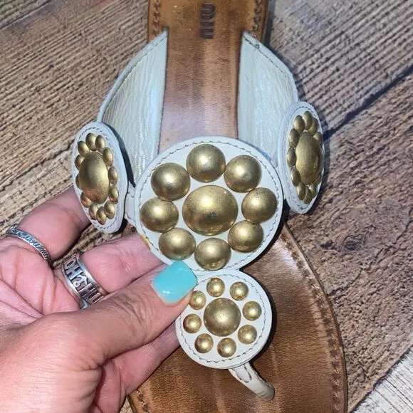Miu Miu cream Kitten Heel Gold Studded Slip On Sandals Sz 40