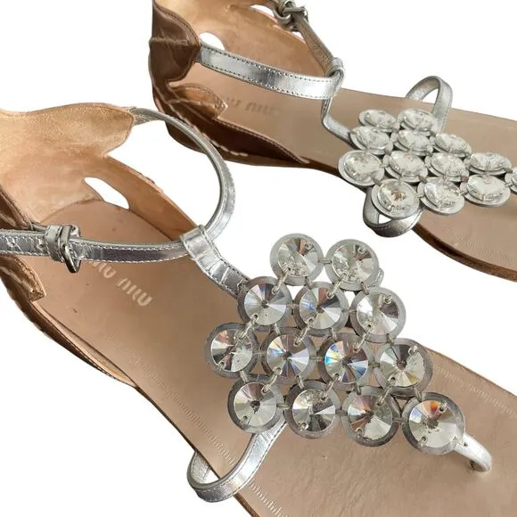 Miu Miu Leather Crystal Embellishments Gladiator Sandals