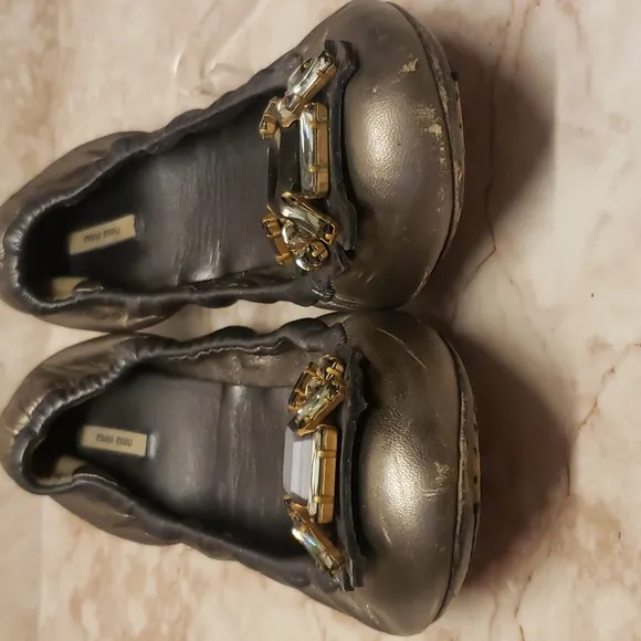 Miu Miu metallic bronze with big rhinestones woman ballet flats loafers  39.5