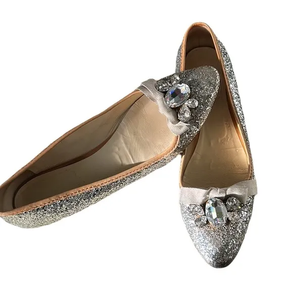 Miu Miu Prada Silver Glitter Swarovski Crystal Embellished Bow Flats - 9.5