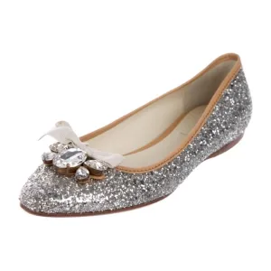 Miu Miu Prada Silver Glitter Swarovski Crystal Embellished Bow Flats - 9.5
