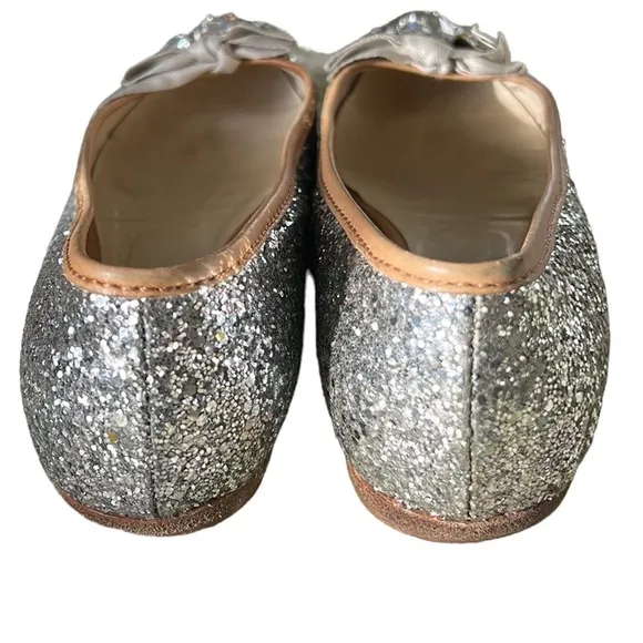 Miu Miu Prada Silver Glitter Swarovski Crystal Embellished Bow Flats - 9.5