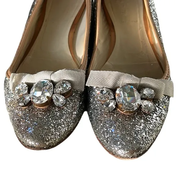 Miu Miu Prada Silver Glitter Swarovski Crystal Embellished Bow Flats - 9.5
