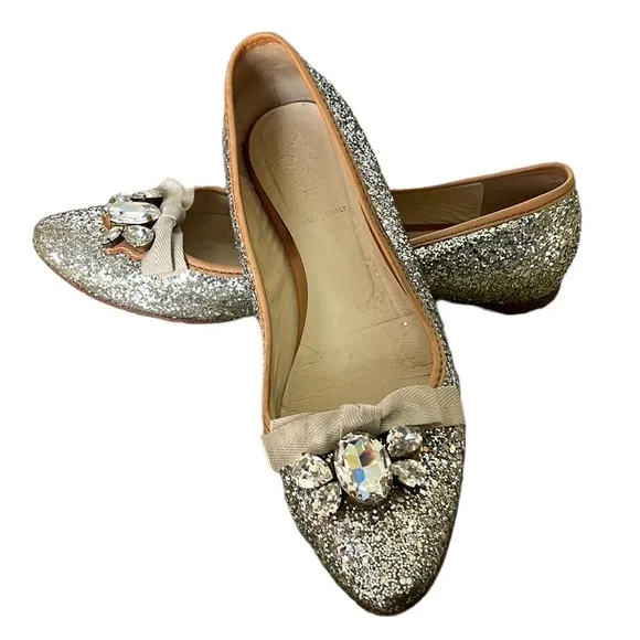 Miu Miu Prada Silver Glitter Swarovski Crystal Embellished Bow Flats - 9.5