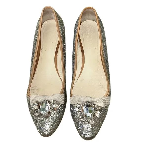 Miu Miu Prada Silver Glitter Swarovski Crystal Embellished Bow Flats - 9.5