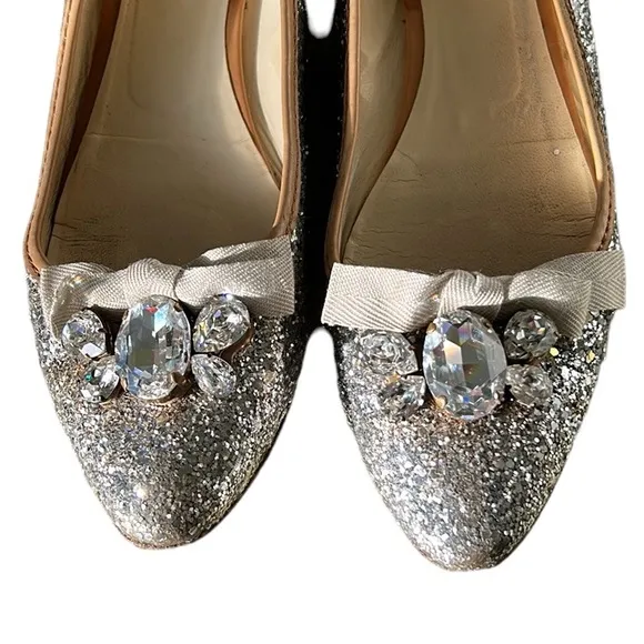 Miu Miu Prada Silver Glitter Swarovski Crystal Embellished Bow Flats - 9.5