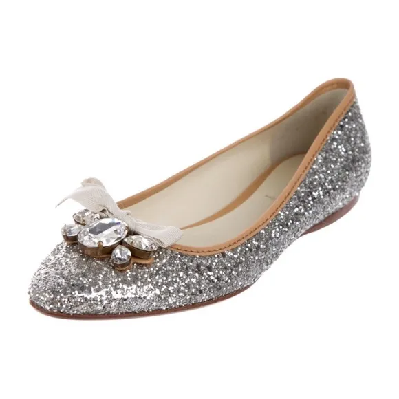 Miu Miu Prada Silver Glitter Swarovski Crystal Embellished Bow Flats - 9.5