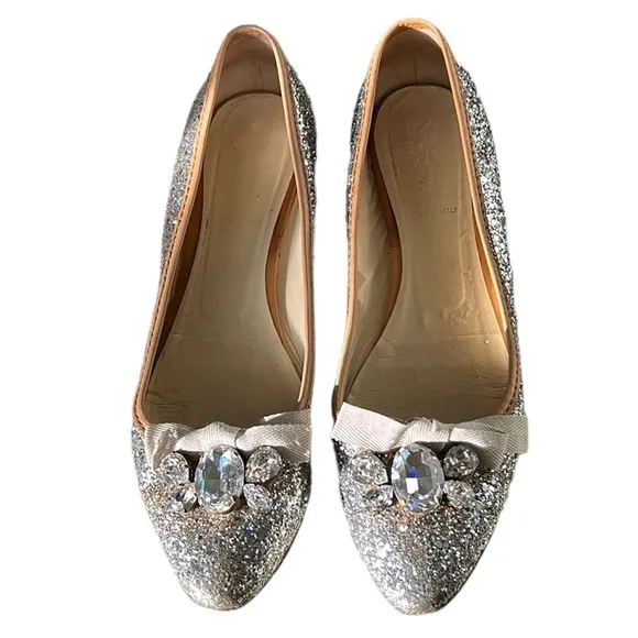 Miu Miu Prada Silver Glitter Swarovski Crystal Embellished Bow Flats - 9.5