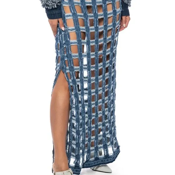 Miz Check on My Split: Square Biz Cut Out Denim Maxi Skirt Large