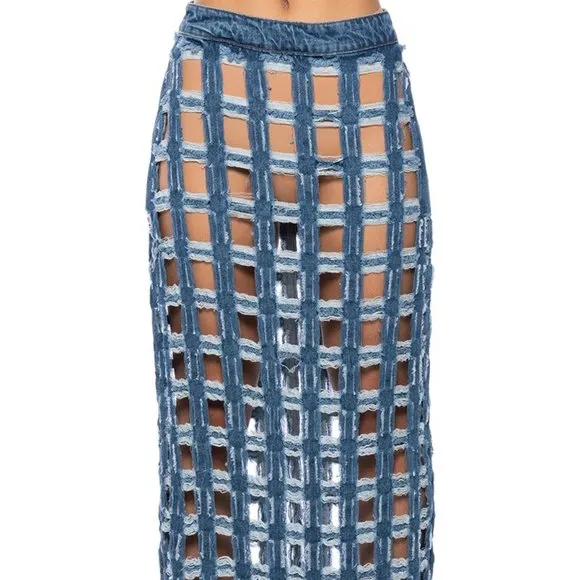 Miz Check on My Split: Square Biz Cut Out Denim Maxi Skirt Large