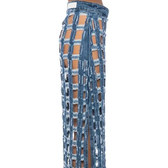 Miz Check on My Split: Square Biz Cut Out Denim Maxi Skirt Large