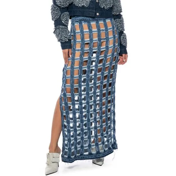 Miz Check on My Split: Square Biz Cut Out Denim Maxi Skirt Large