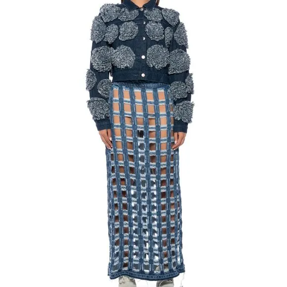 Miz Check on My Split: Square Biz Cut Out Denim Maxi Skirt Large