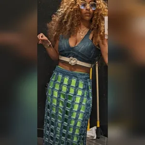 Miz Check on My Split: Square Biz Cut Out Denim Maxi Skirt Large