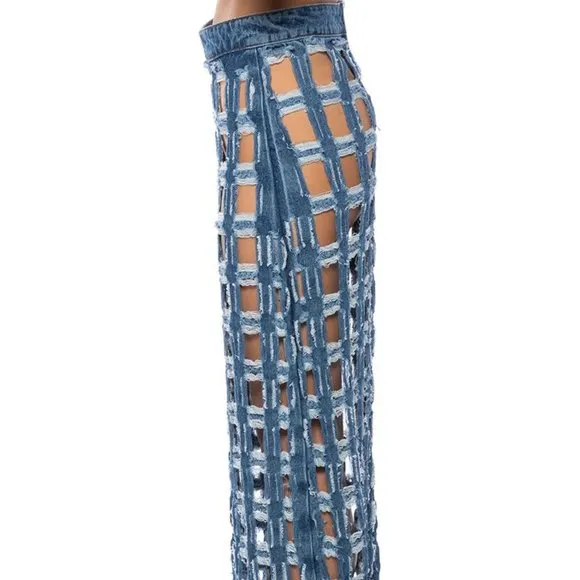 Miz Check on My Split: Square Biz Cut Out Denim Maxi Skirt Large
