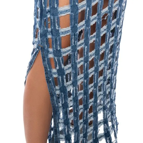Miz Check on My Split: Square Biz Cut Out Denim Maxi Skirt Large