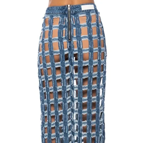 Miz Check on My Split: Square Biz Cut Out Denim Maxi Skirt Large