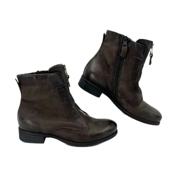 Miz Mooz Brown Zipper Front Faux Leather Combat Boots | Size 37EU