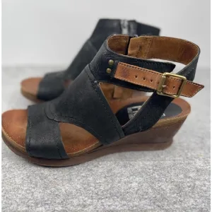 Miz MOOZ Cork Leather Wedge Black Adjustable Sandals, Minimalist, Classic, zip