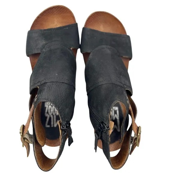 Miz MOOZ Cork Leather Wedge Black Adjustable Sandals, Minimalist, Classic, zip
