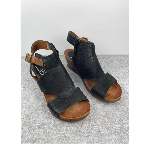 Miz MOOZ Cork Leather Wedge Black Adjustable Sandals, Minimalist, Classic, zip