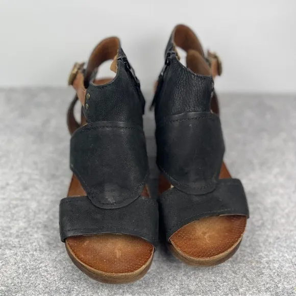 Miz MOOZ Cork Leather Wedge Black Adjustable Sandals, Minimalist, Classic, zip