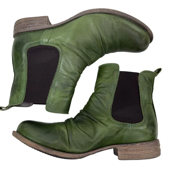 Miz Mooz Lissie Green Kiwi‎ Antique Leather Ruched Chelsea Ankle Boots Size 7