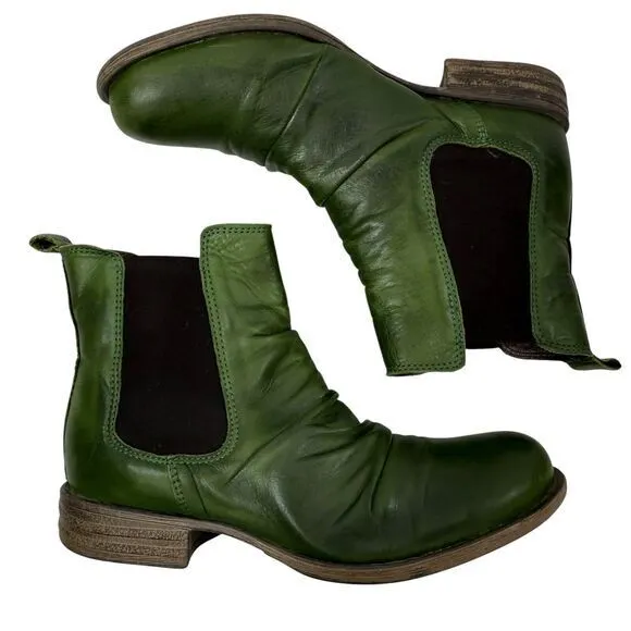 Miz Mooz Lissie Green Kiwi‎ Antique Leather Ruched Chelsea Ankle Boots Size 7