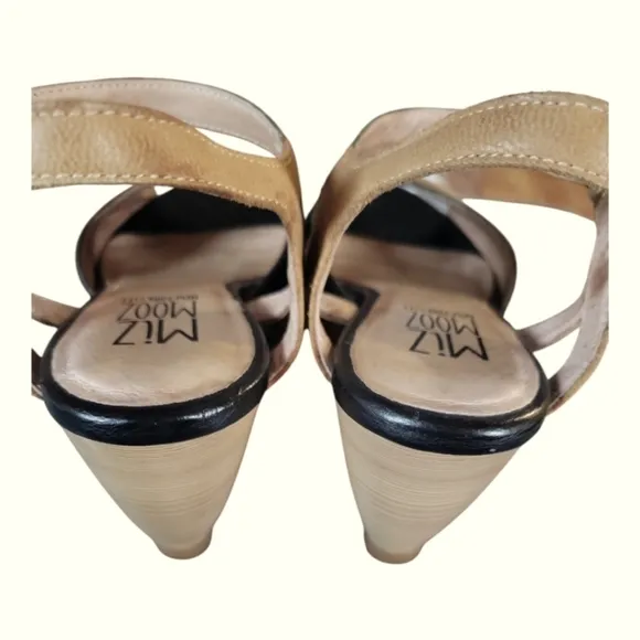 Miz Mooz Women's Leather Wooden Wedge Adjustable Ankle Strap Sandals Sz 6.5/37