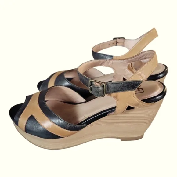 Miz Mooz Women's Leather Wooden Wedge Adjustable Ankle Strap Sandals Sz 6.5/37