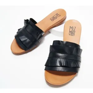 Miz Mooz Women's Sz 37/6.5 Leather Ruffled Slide Sandals - Alena Black A483301
