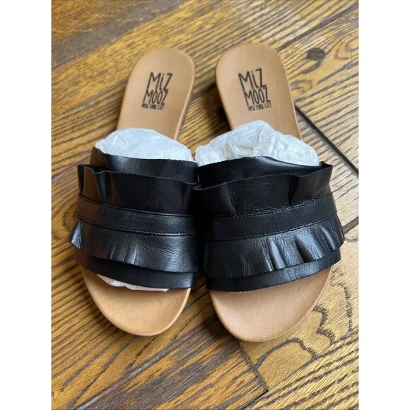 Miz Mooz Women's Sz 37/6.5 Leather Ruffled Slide Sandals - Alena Black A483301