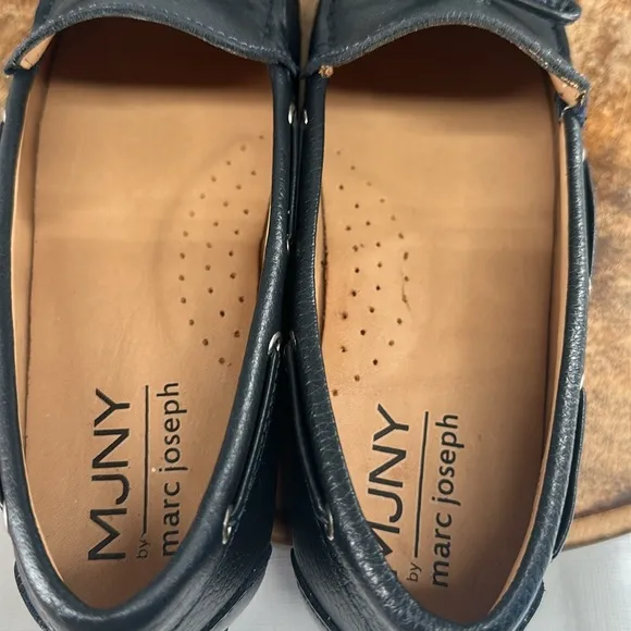 MJNY Marc Joseph Shoes Wm 7.5 Riverview Navy Grainy Blue Leather Driving Loafers