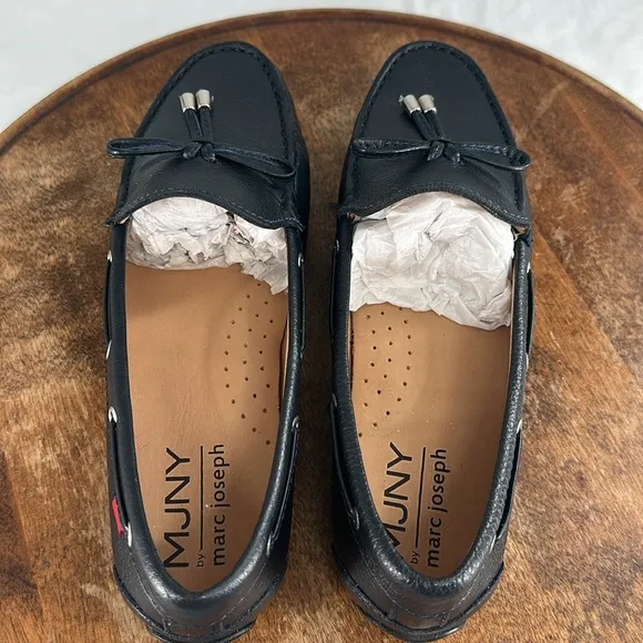 MJNY Marc Joseph Shoes Wm 7.5 Riverview Navy Grainy Blue Leather Driving Loafers