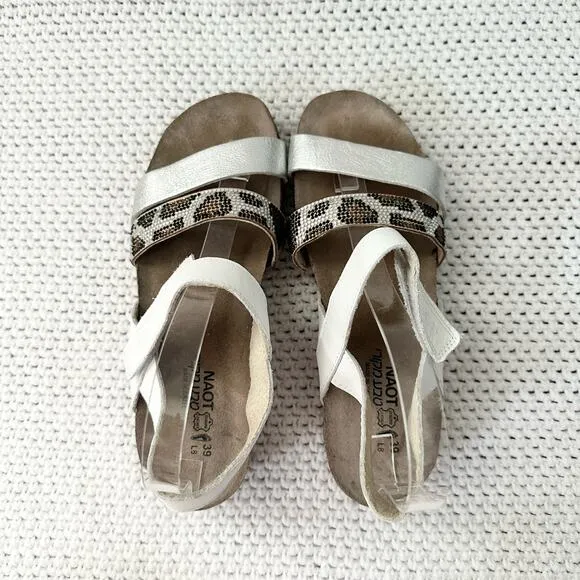 Naot Krista White Pearl Silver Cheetah Animal Embellished Low Wedge Sandals 39 8
