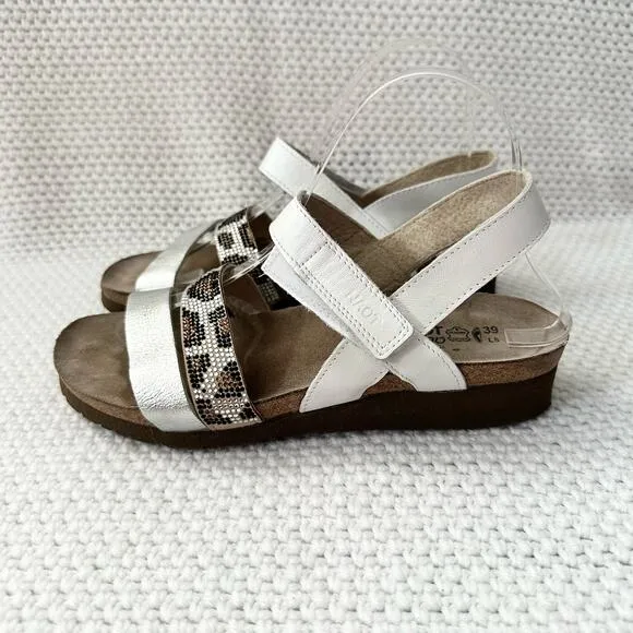 Naot Krista White Pearl Silver Cheetah Animal Embellished Low Wedge Sandals 39 8