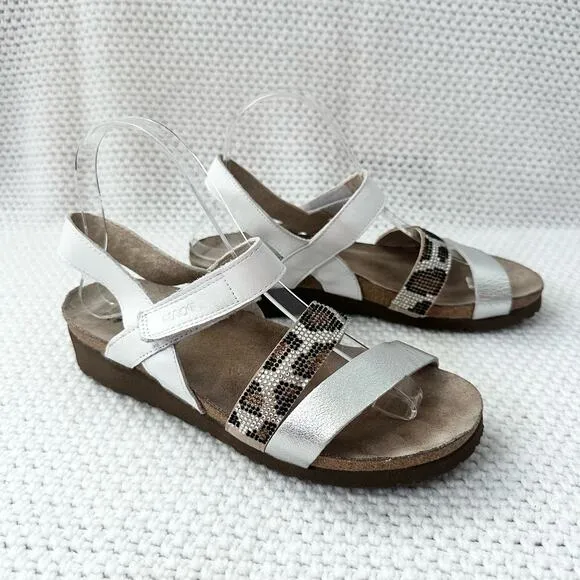 Naot Krista White Pearl Silver Cheetah Animal Embellished Low Wedge Sandals 39 8